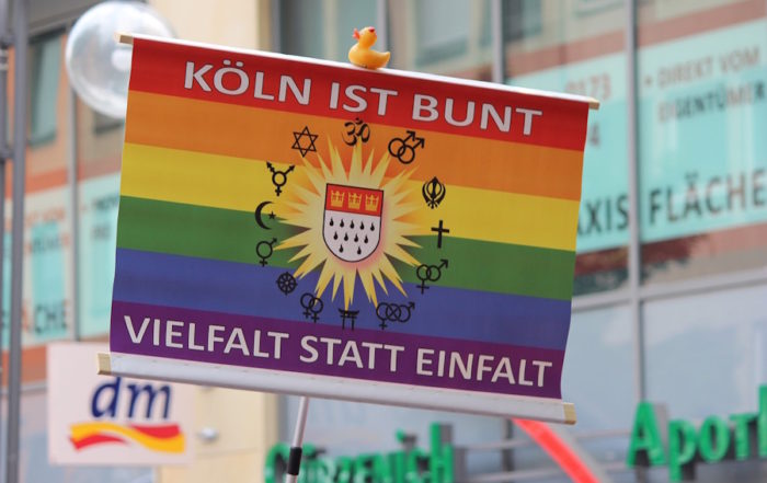 Rainbow flag with Cologne coat of arms