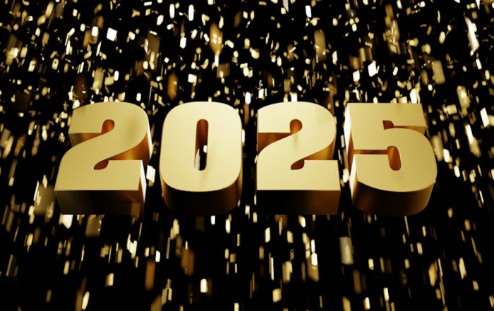 Happy New Year: Welcome 2025 with golden confetti and bold lettering!