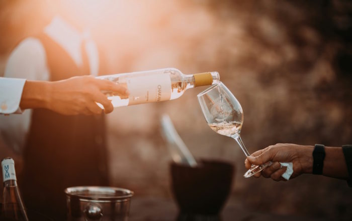 Weinfest: Freunde stoßen mit Weißweingläsern an.