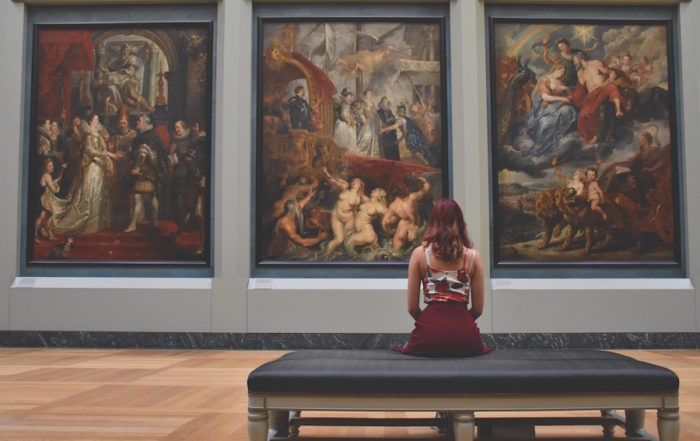 Home 11 Five Friends at Art Museum: Woman Admiring Classical Renaissance Triptych Paintings in Gallery